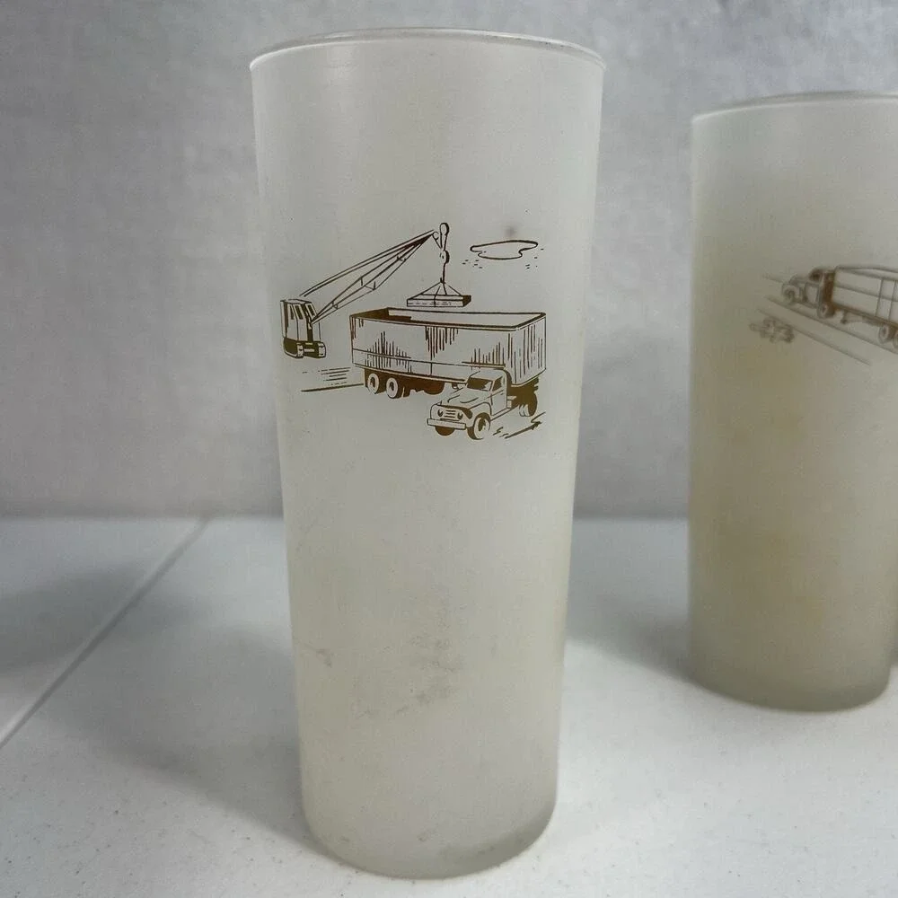 Vintage Rare Lot 6 Glass Frosted White Gold Etching Semi Trailer Crane Big Rig‎